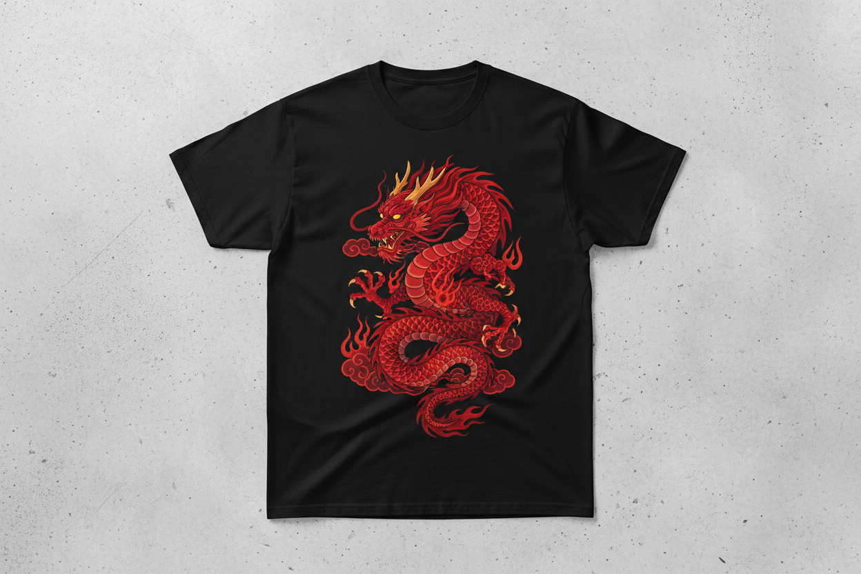 black custom t-shirt with a red dragon on it